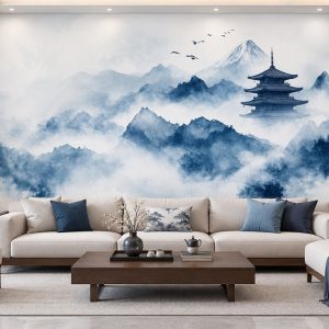 Tranh thủy mặc sơn thủy núi tuyết và chùa cổ dán tường phòng khách ab1372935860