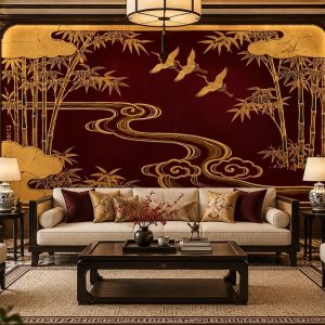 Tranh tre trúc chim hạc dán tường phòng khách phong cách indochine ab2147488052