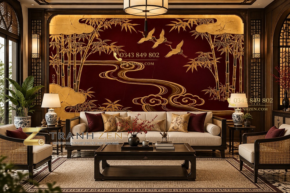 Tranh tre trúc chim hạc dán tường phòng khách phong cách indochine ab2147488052