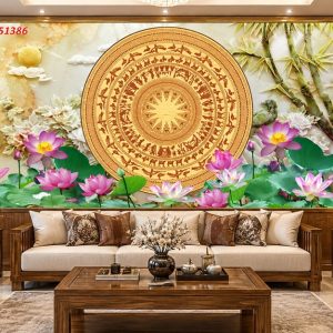 Tranh trống đồng dán tường phòng khách hoa sen 51386