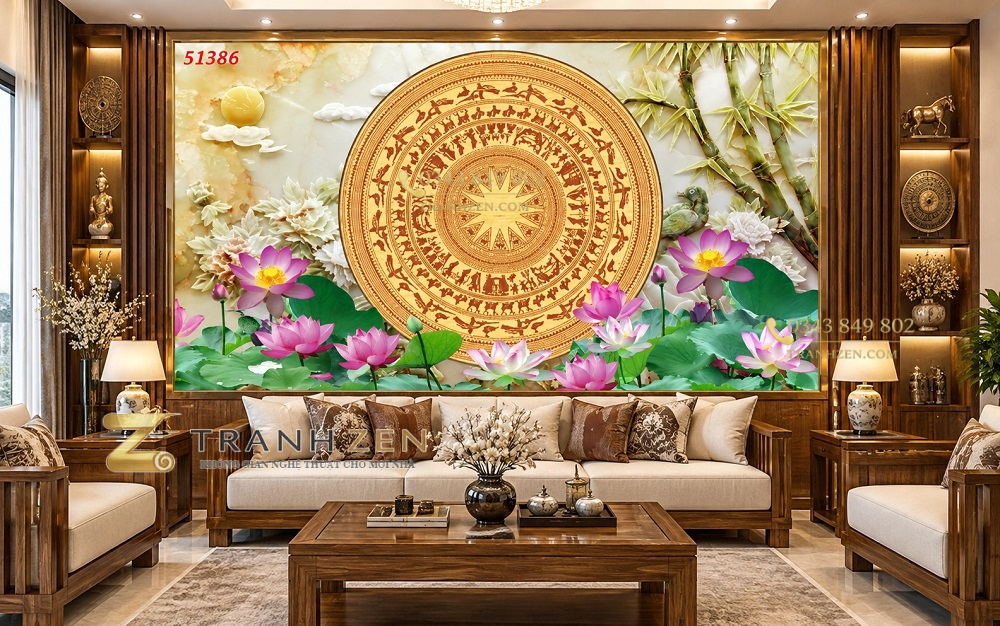 Tranh trống đồng dán tường phòng khách hoa sen 51386