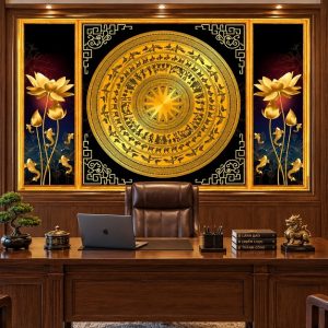 Tranh trống đồng dán tường phòng làm việc hoa sen td18920261