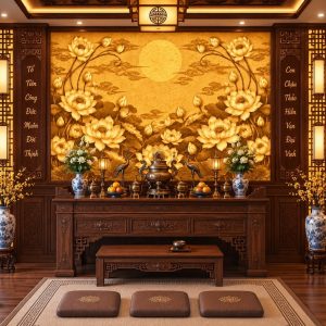 Tranh trúc chỉ hoa sen dán tường phòng thờ họ hs19920261