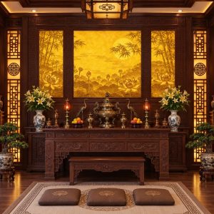 Tranh trúc chỉ tre trúc hoa sen dán tường phòng thờ họ tchs21920261