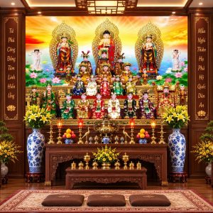 Tranh tứ phủ dán tường phòng thờ công đồng hoa sen linh thiêng tp5920263