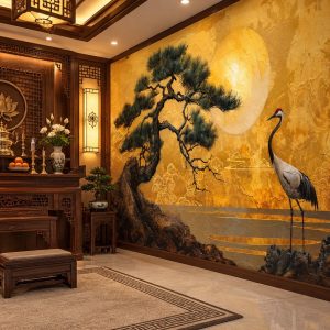Tranh tùng hạc diên niên dán tường vách cạnh phòng thờ ab841096028
