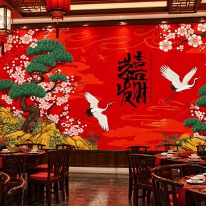 Tranh tùng hạc diên niên đỏ dán tường nhà hàng trung hoa ab491757839