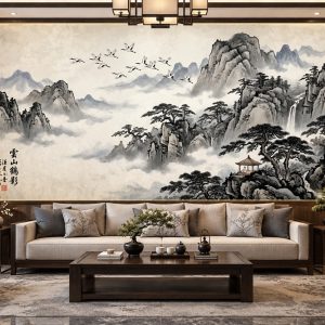 Tranh tùng hạc diên niên thủy mặc dán tường phòng khách ab2062432067