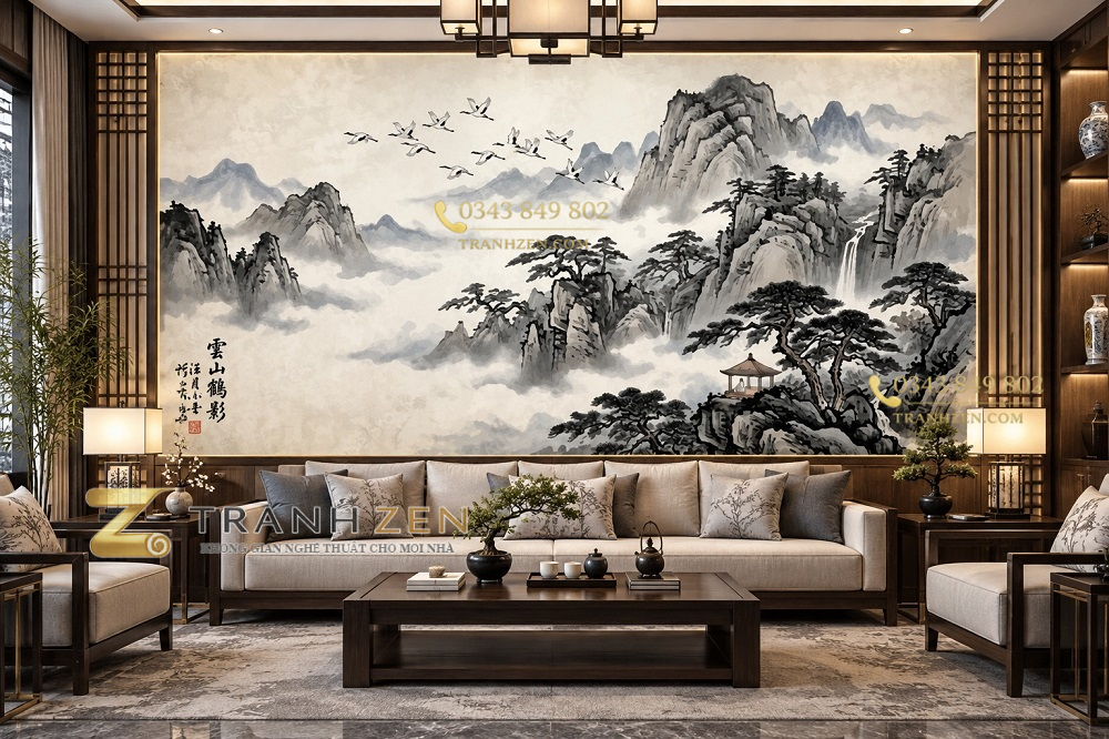 Tranh tùng hạc diên niên thủy mặc dán tường phòng khách ab2062432067