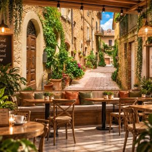 Tranh dán tường quán cafe phố cổ châu âu ab240615610