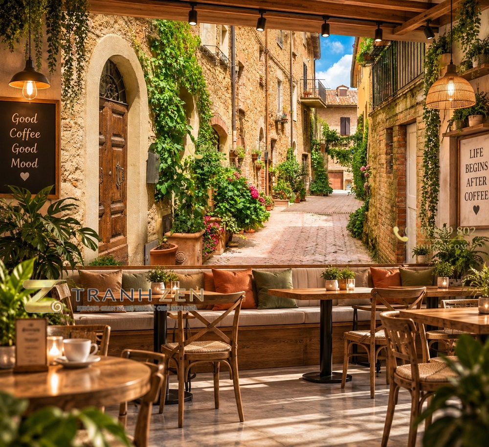 Tranh dán tường quán cafe phố cổ châu âu ab240615610