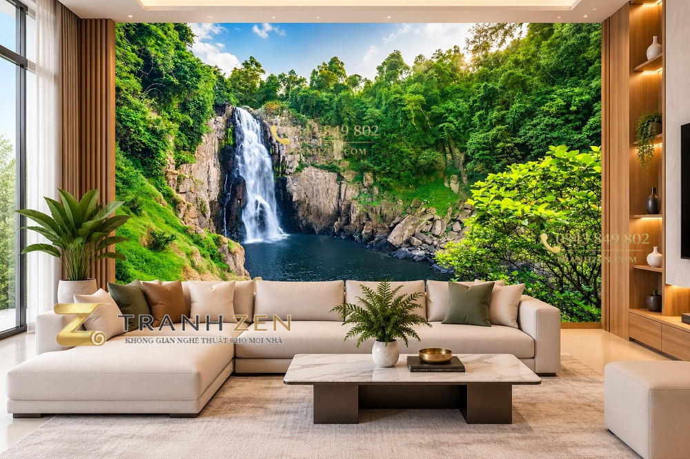 Tranh thác nước giữa rừng nhiệt đới xanh mát dán tường phòng khách ab152052325