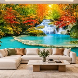 Tranh thác nước hồ xanh giữa rừng mùa thu dán tường phòng khách ab300345540