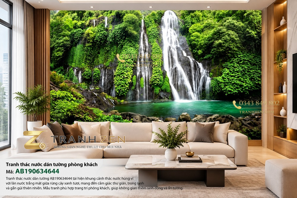Tranh thác nước nhiều tầng giữa rừng xanh dán tường phòng khách ab190634644