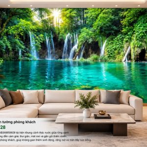 Tranh thác nước nhiều tầng hồ xanh giữa rừng nhiệt đới dán tường phòng khách ab368859928