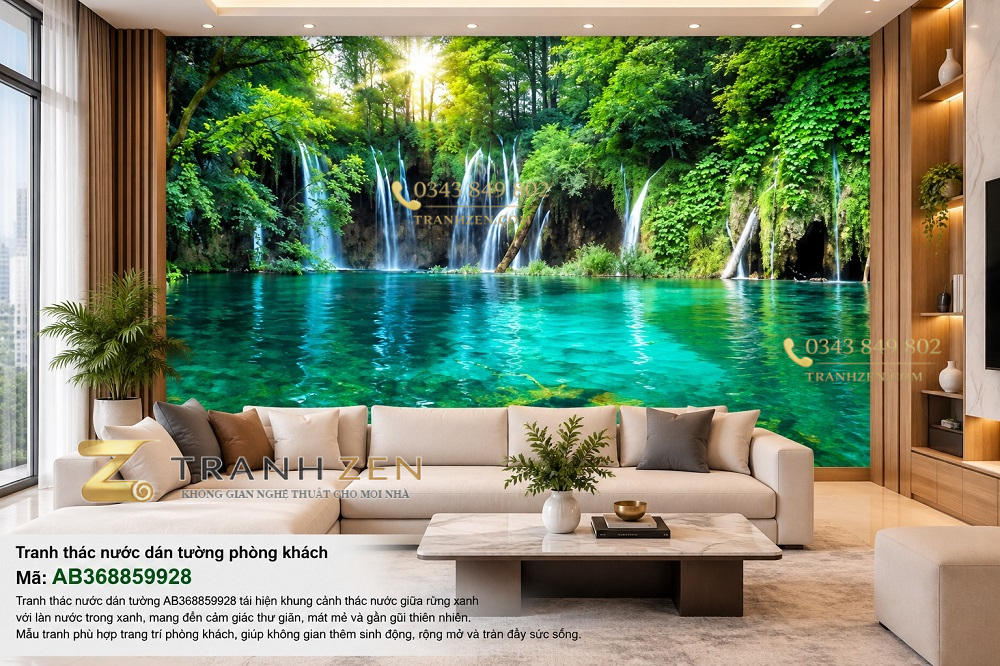 Tranh thác nước nhiều tầng hồ xanh giữa rừng nhiệt đới dán tường phòng khách ab368859928