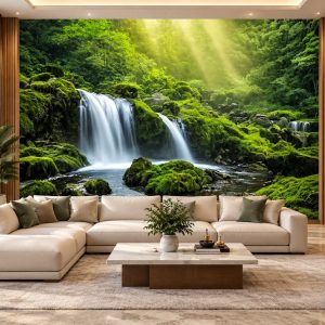 Tranh thác nước rêu xanh giữa rừng thiên nhiên dán tường phòng khách ab532038445