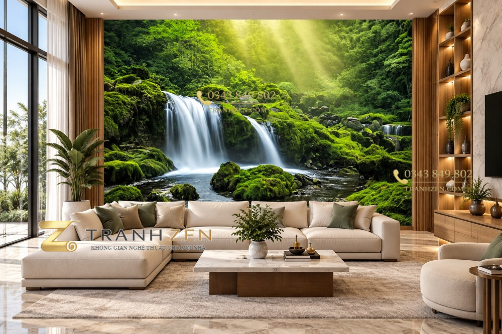 Tranh thác nước rêu xanh giữa rừng thiên nhiên dán tường phòng khách ab532038445