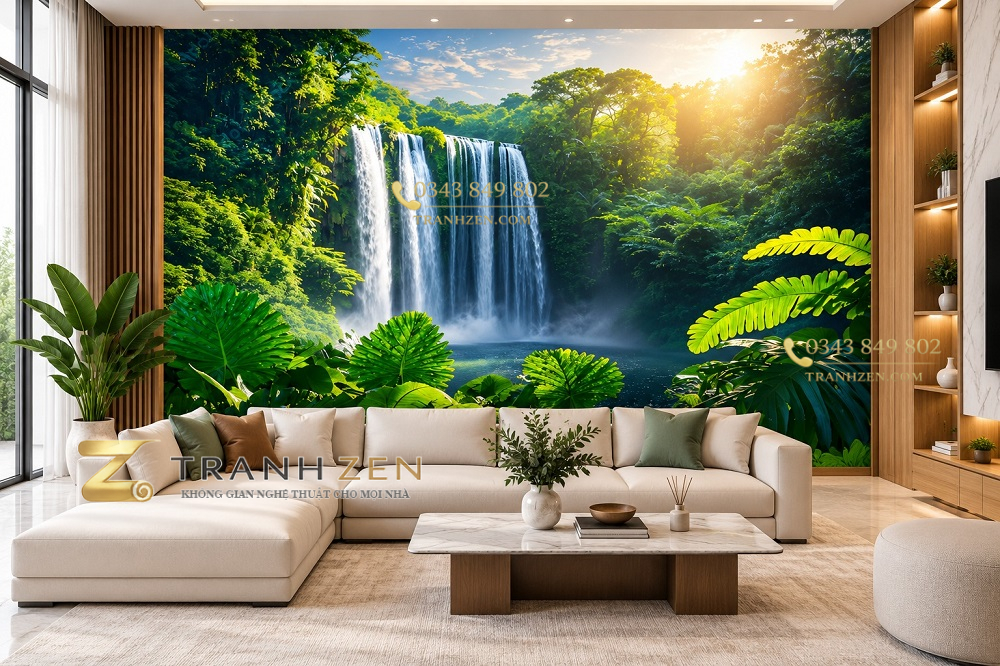 Tranh thác nước rừng nhiệt đới ánh nắng dán tường phòng khách ab1251188721