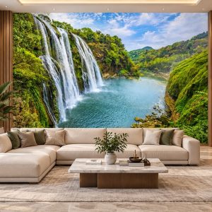 Tranh thác nước xanh giữa núi rừng thiên nhiên dán tường phòng khách ab190969371