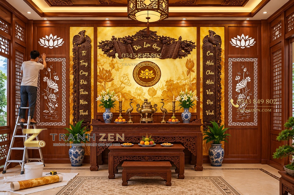 Dán tranh hoa sen đức lưu quang phòng thờ gia đình bp49907