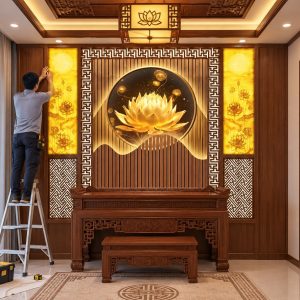 Thi công dán tranh hoa sen vàng phòng thờ chung cư phong cách á đông bp49813