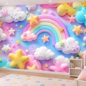 Thi công tranh cầu vồng mây sao pastel phòng trẻ em ab869037907