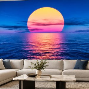 Tranh biển hoàng hôn mặt trời hồng tím dán tường phòng khách ab288299391