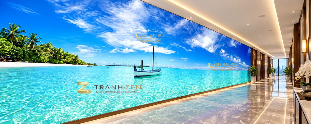 Tranh biển xanh nhiệt đới thuyền buồm dán tường hành lang phòng khách dài ab316765265