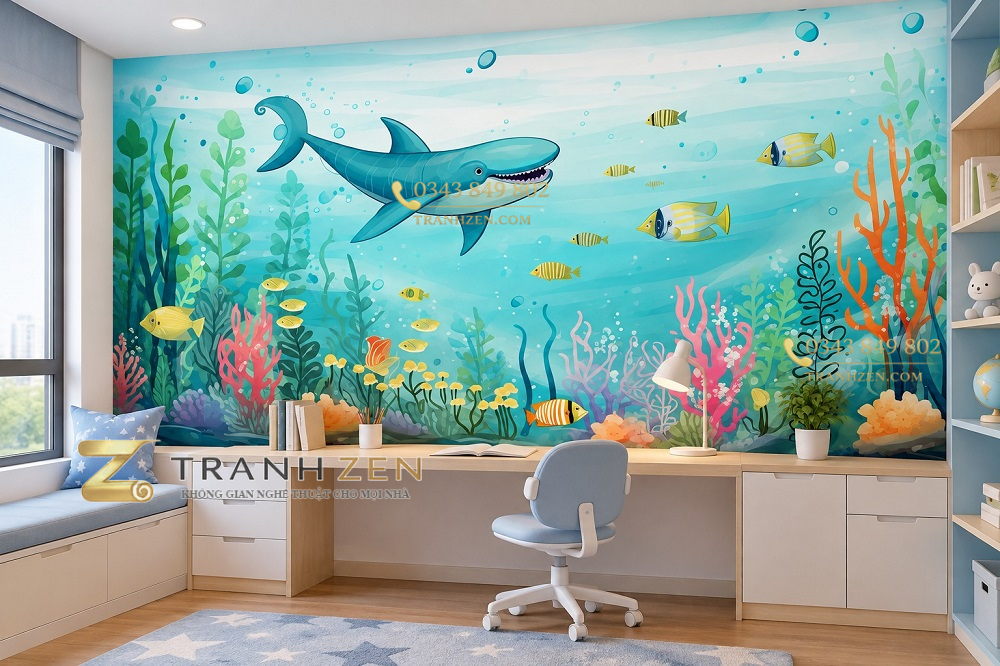 Tranh cá mập đại dương dễ thương phòng trẻ em ab655973385