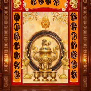 Tranh cửu huyền thất tổ hoa sen lư hương dán phòng thờ khổ dọc bp49902
