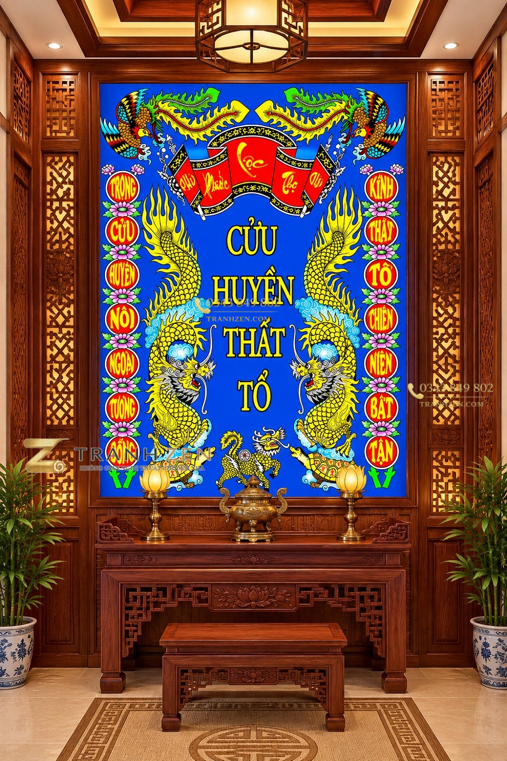 Tranh cửu huyền thất tổ song long quy phượng dán phòng thờ khổ dọc bp49900