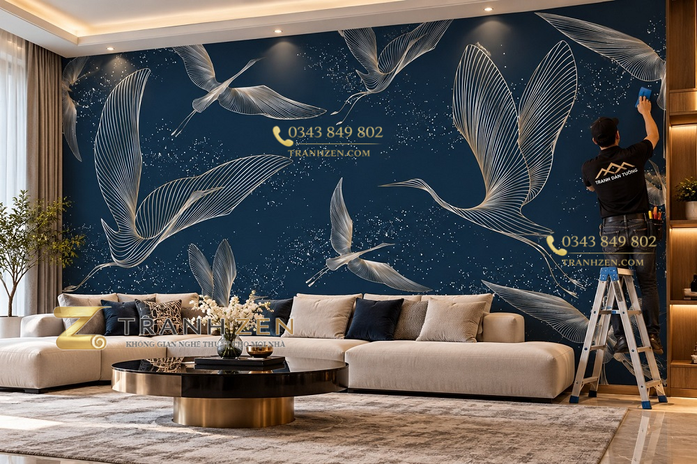 Tranh dán tường chim hạc phòng khách hiện đại ab715827531