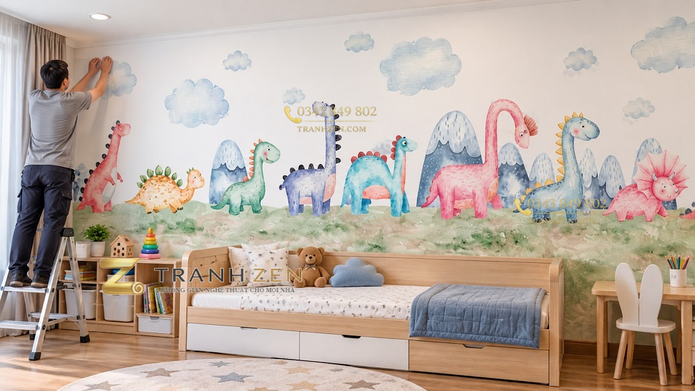 Tranh dán tường khủng long màu pastel phòng bé khổ dài ab422730851