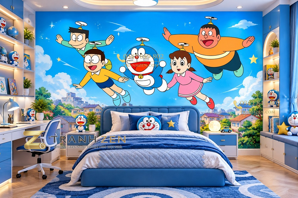 Tranh dán tường phòng bé trai doraemon bay lượn dr20269