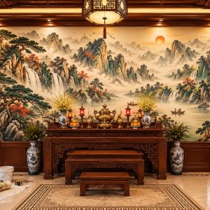 Tranh dán tường sơn thủy thác nước núi non phong cách á đông phòng thờ pt21020261