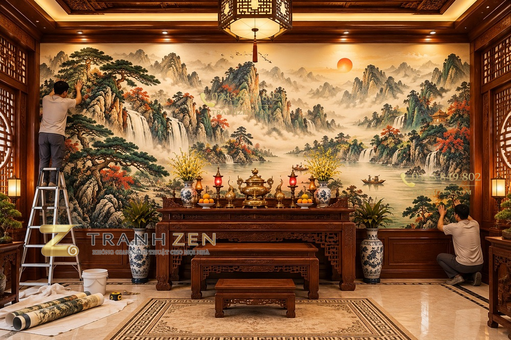 Tranh dán tường sơn thủy thác nước núi non phong cách á đông phòng thờ pt21020261