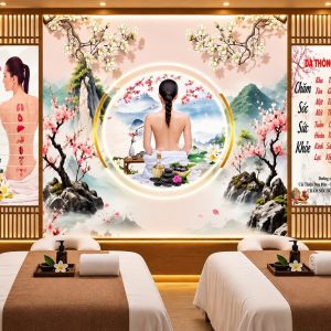 Tranh dán tường spa dưỡng sinh chăm sóc sức khỏe hoa đào sơn thủy á đông bp49605