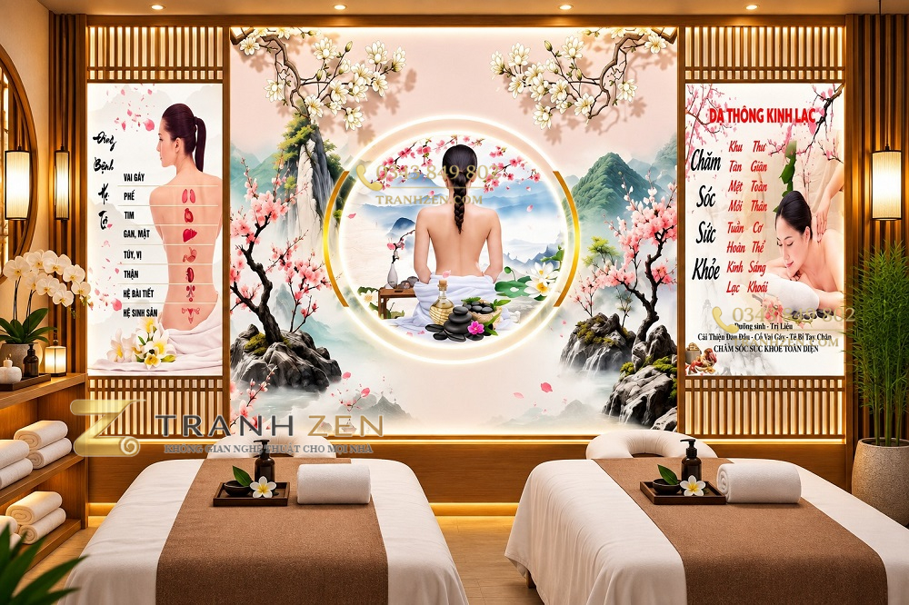 Tranh dán tường spa dưỡng sinh chăm sóc sức khỏe hoa đào sơn thủy á đông bp49605