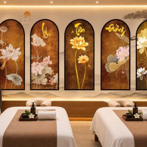 Tranh dán tường spa dưỡng sinh hoa sen phong cách á đông sang trọng bp49899