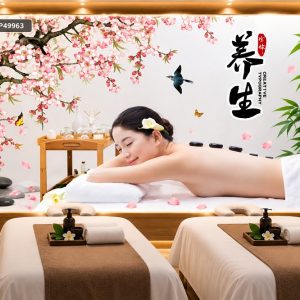Tranh dán tường spa dưỡng sinh massage đá nóng hoa đào phong cách á đông bp49963