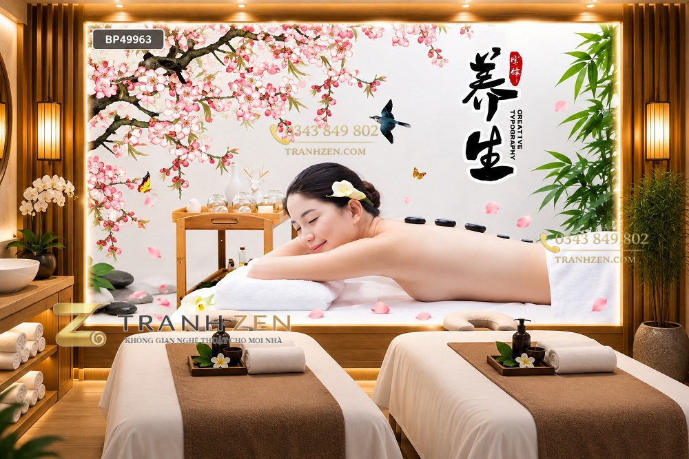Tranh dán tường spa dưỡng sinh massage đá nóng hoa đào phong cách á đông bp49963