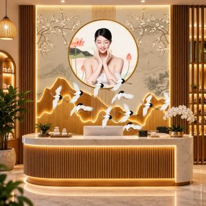 Tranh dán tường spa quầy thu ngân hoa sen chim hạc phong cảnh sơn thủy á đông bp49672