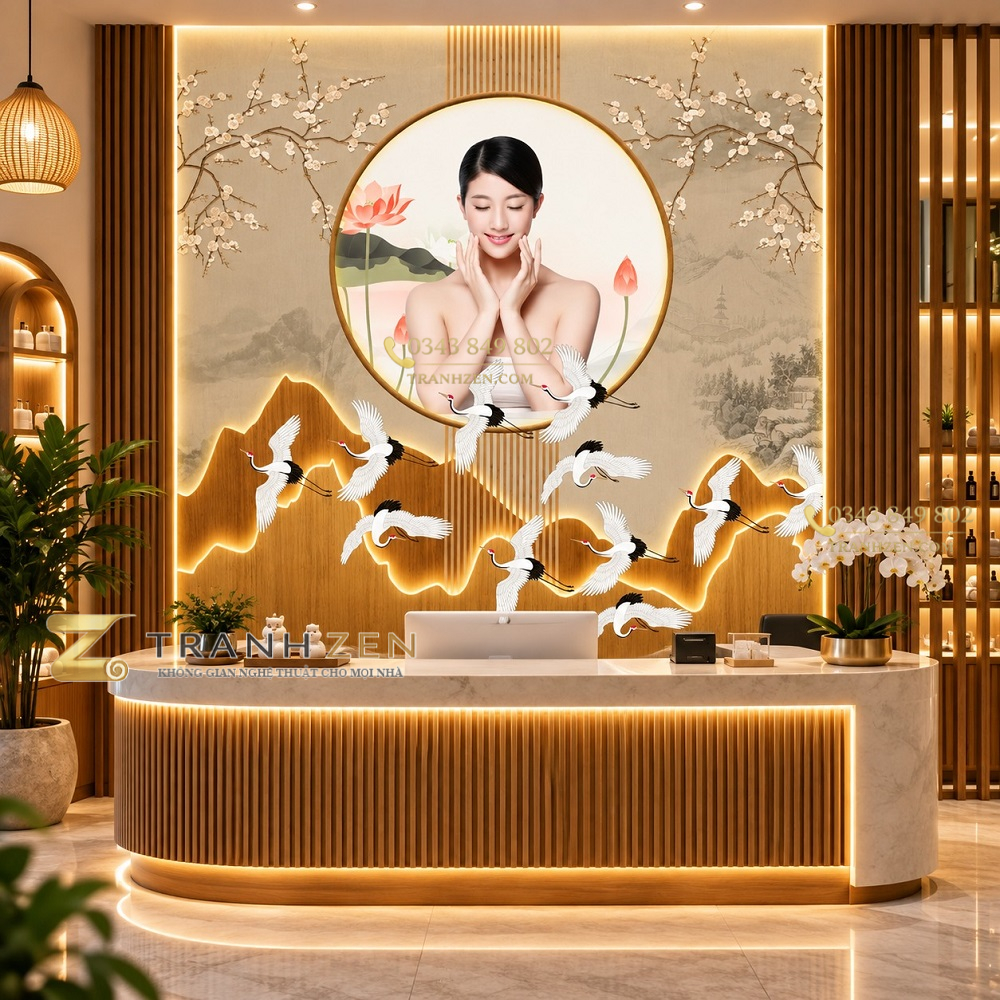 Tranh dán tường spa quầy thu ngân hoa sen chim hạc phong cảnh sơn thủy á đông bp49672