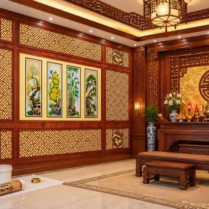 Tranh dán tường tứ quý mai lan cúc trúc hoa văn chữ vạn cạnh bàn thờ bp49908