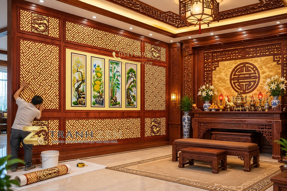 Tranh dán tường tứ quý mai lan cúc trúc hoa văn chữ vạn cạnh bàn thờ bp49908
