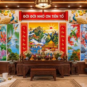 Tranh đời đời nhớ ơn tiên tổ sơn thủy chim công dán tường phòng thờ bp49959