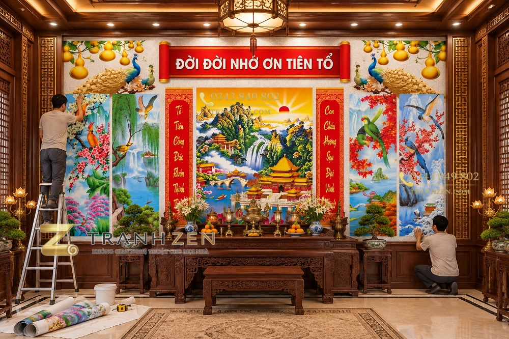 Tranh đời đời nhớ ơn tiên tổ sơn thủy chim công dán tường phòng thờ bp49959